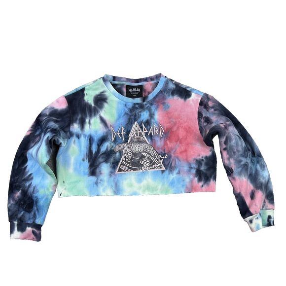 Def Leppard Tie-Dye Crop Sweatshirt Retro Rock Band Pullover Y2K Streetwear Sz L - Picture 1 of 10